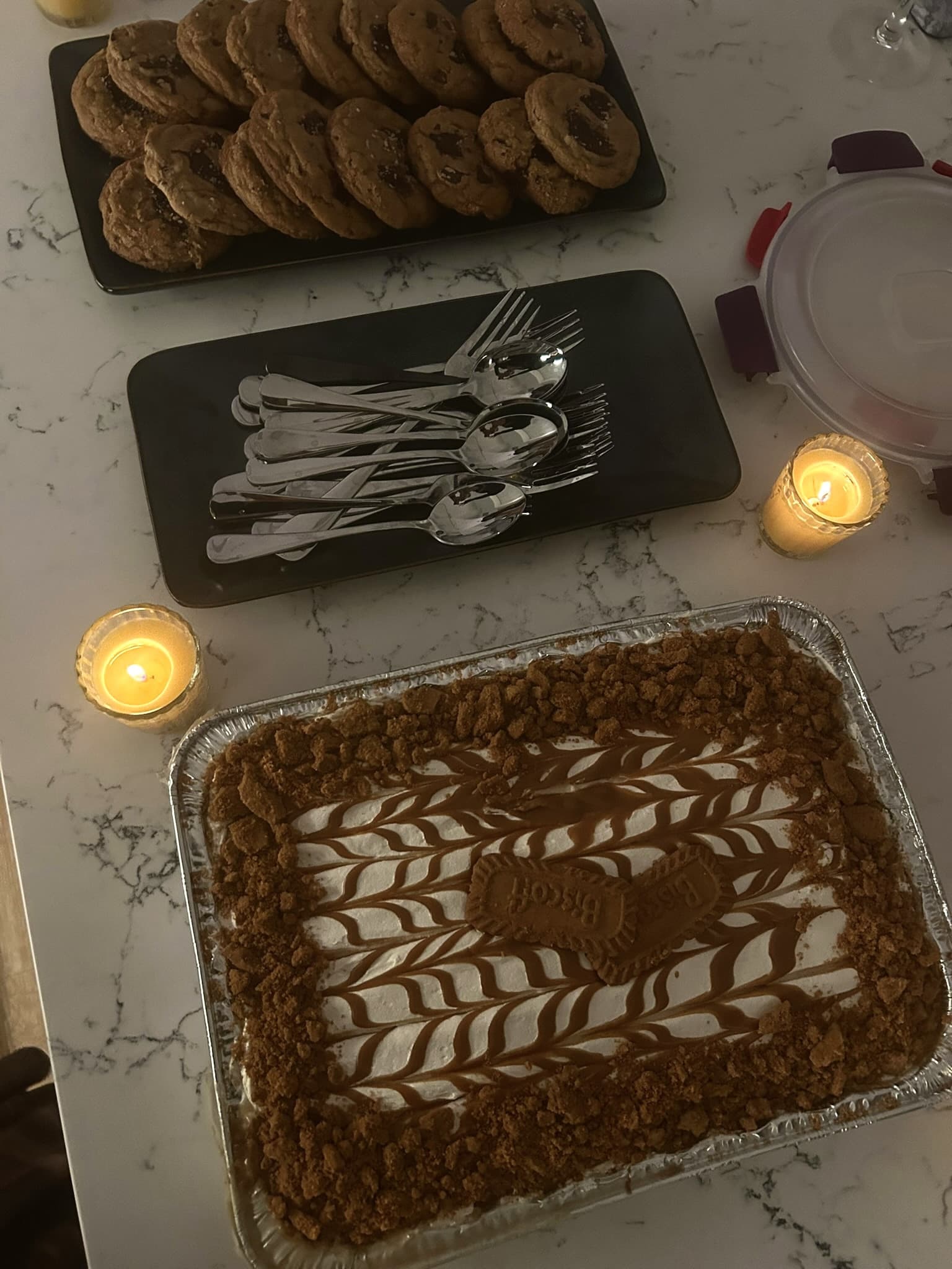Rum-infused Biscoff tres leches and chocolate chip cookies